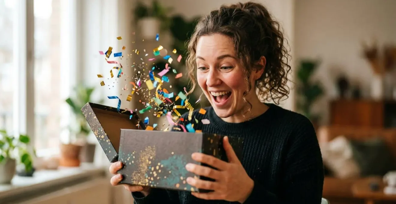 Composition créative illustrant le concept de surprise avec des éléments de célébration décalés dans le temps