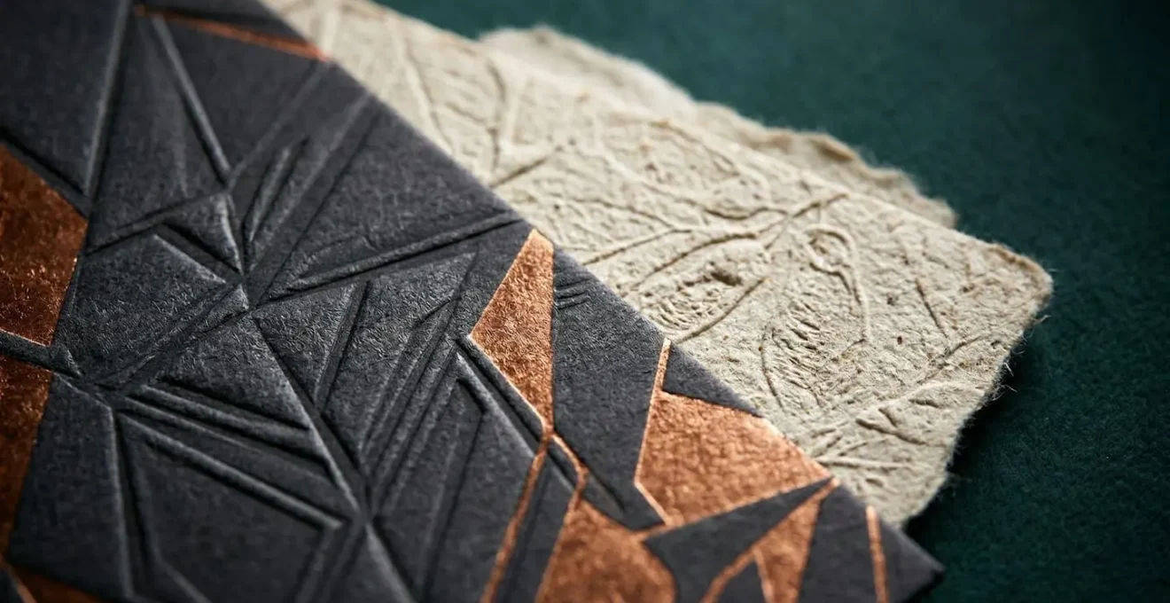 Gros plan sur différentes textures de papier imprimé révélant des effets tactiles sophistiqués