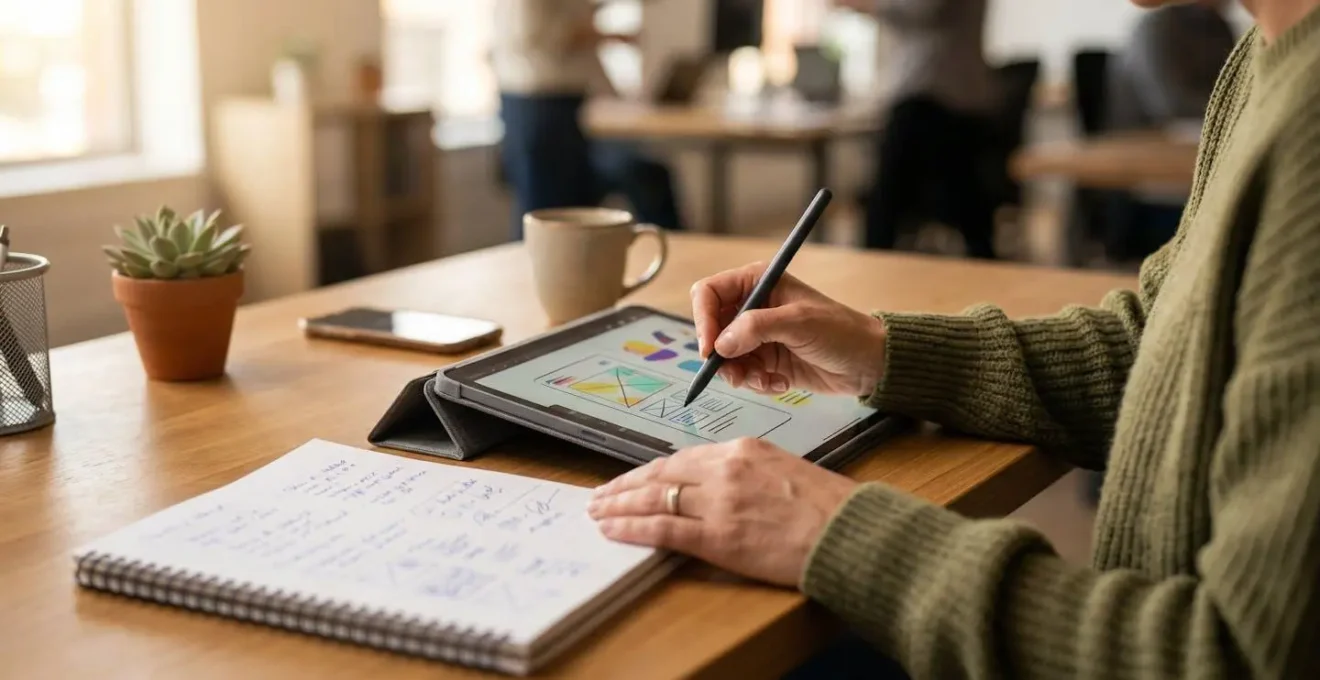 Espace de travail montrant la coexistence harmonieuse du papier et du numérique