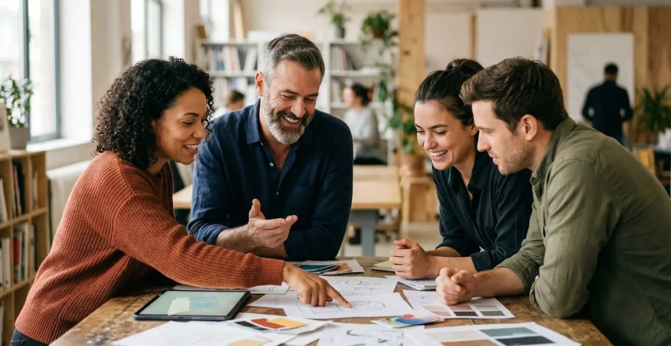Espace collaboratif avec plusieurs personnes travaillant ensemble sur un projet